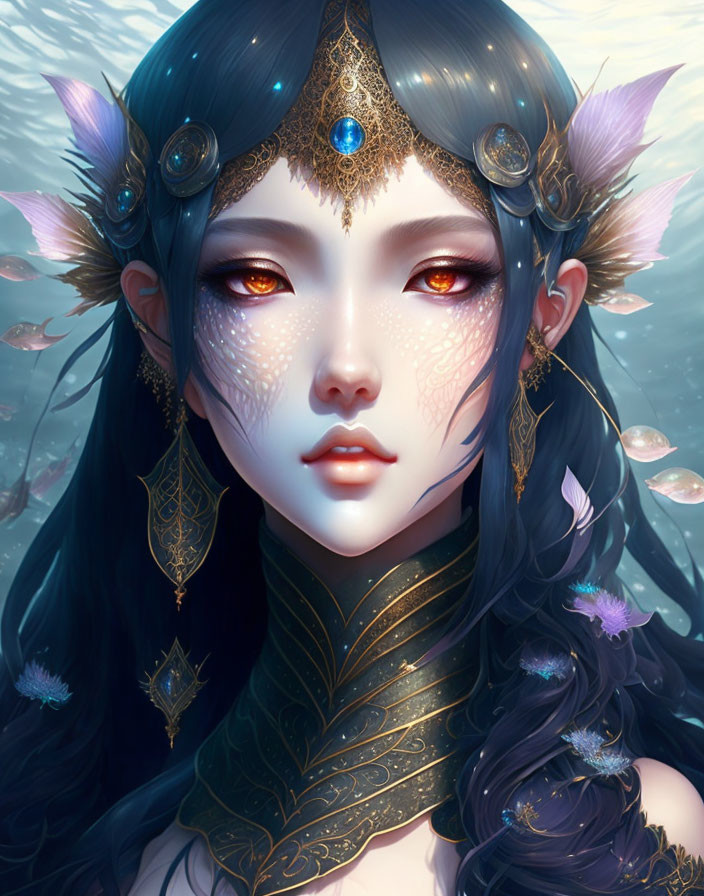 Fantasy character digital art with pointed ears, red eyes, dark hair, gold & turquoise jewelry,