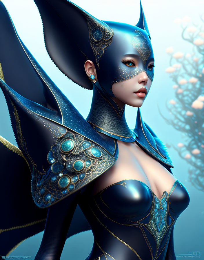 Female character with blue skin in gold and blue fantasy armor against soft blue background