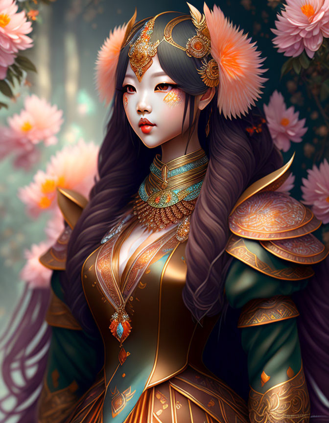 Digital artwork: Elegant Asian woman in fantasy armor with floral accessories
