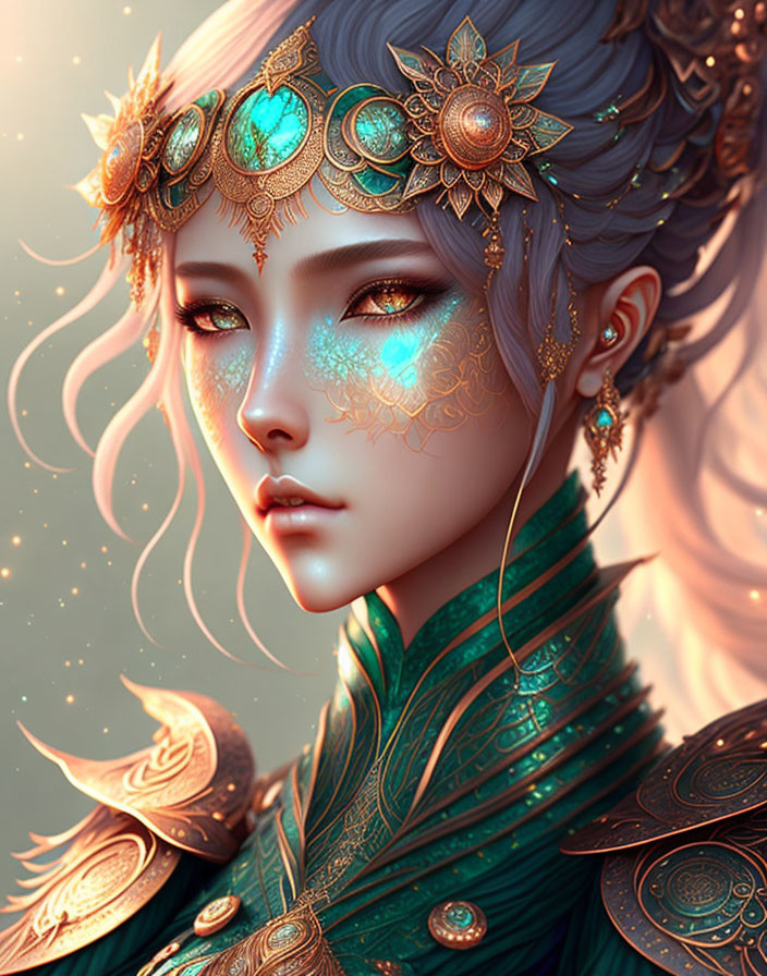 Fantasy female character with golden headpiece and detailed armor