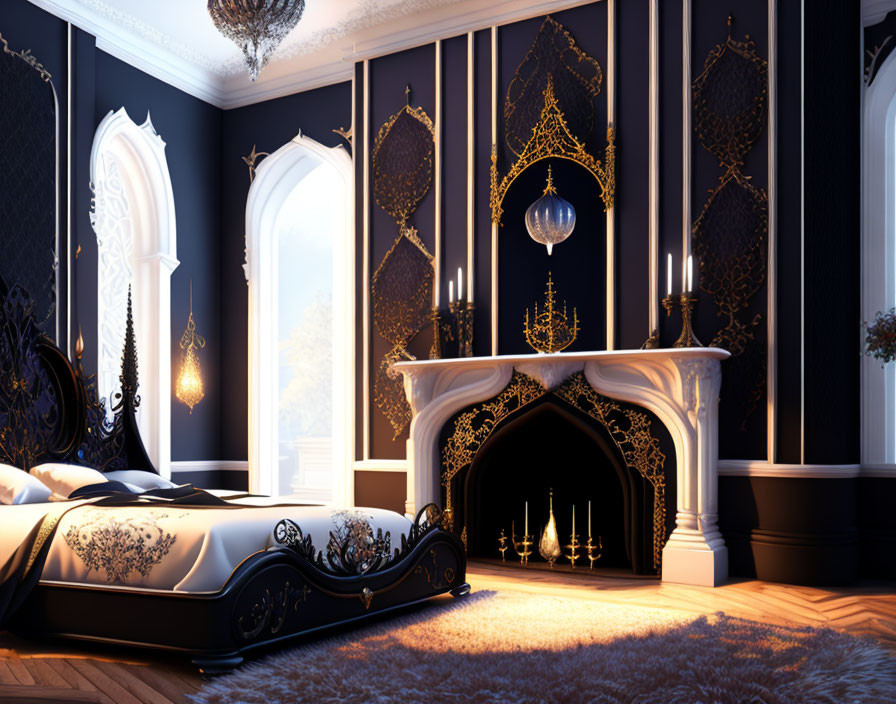 Opulent black and gold themed bedroom with fireplace, chandelier, and elegant bed.