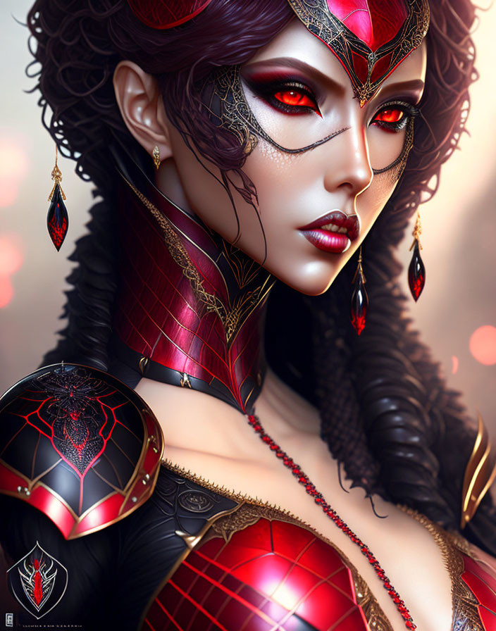 Woman in Red and Black Armor with Ornate Headpiece and Vibrant Eyes