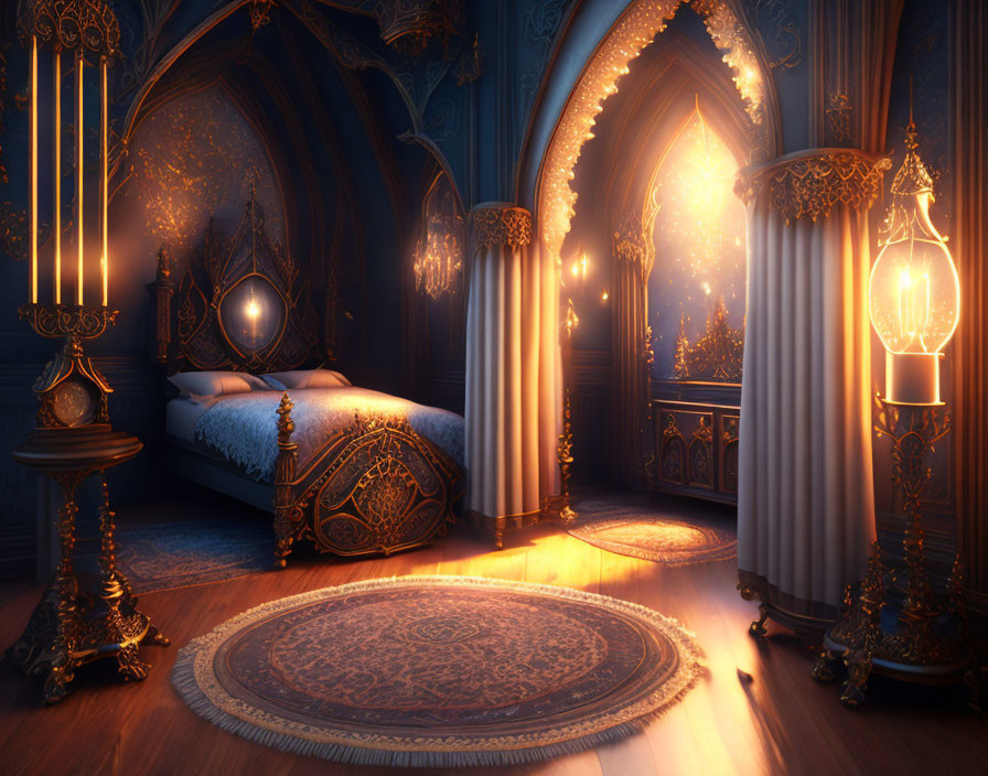 Opulent Gothic bedroom with lanterns and starlit view