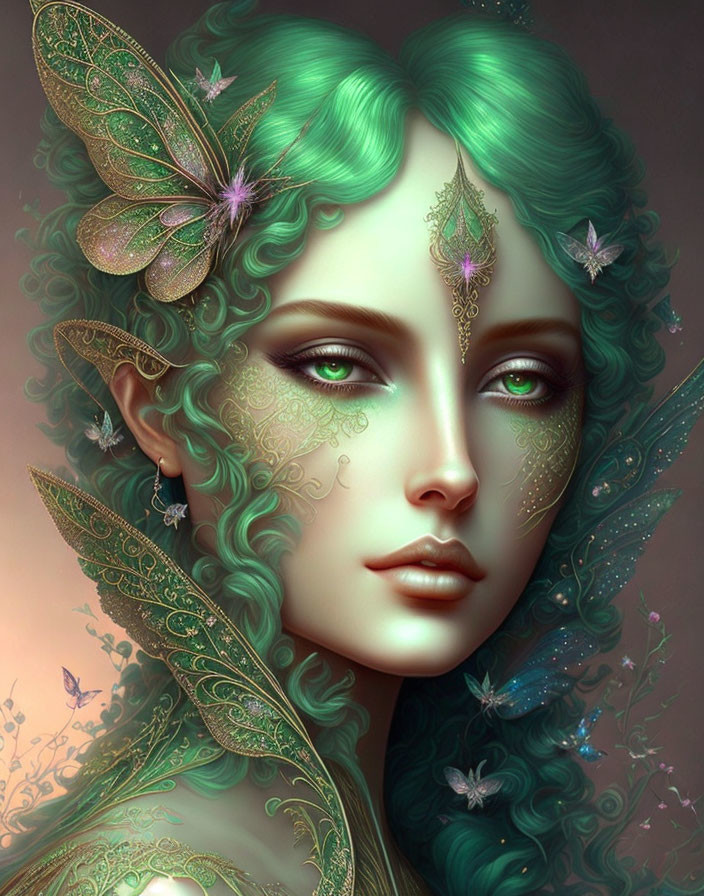 Mystical green-haired fairy with golden filigree and butterflies