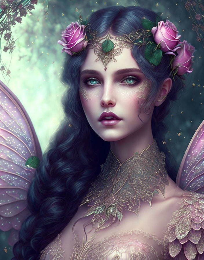 Fantasy portrait of woman with butterfly wings and floral crown
