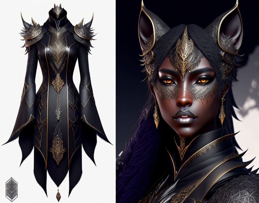 Digital illustration of character with dark skin, feline features, golden eyes, black-and-gold armor