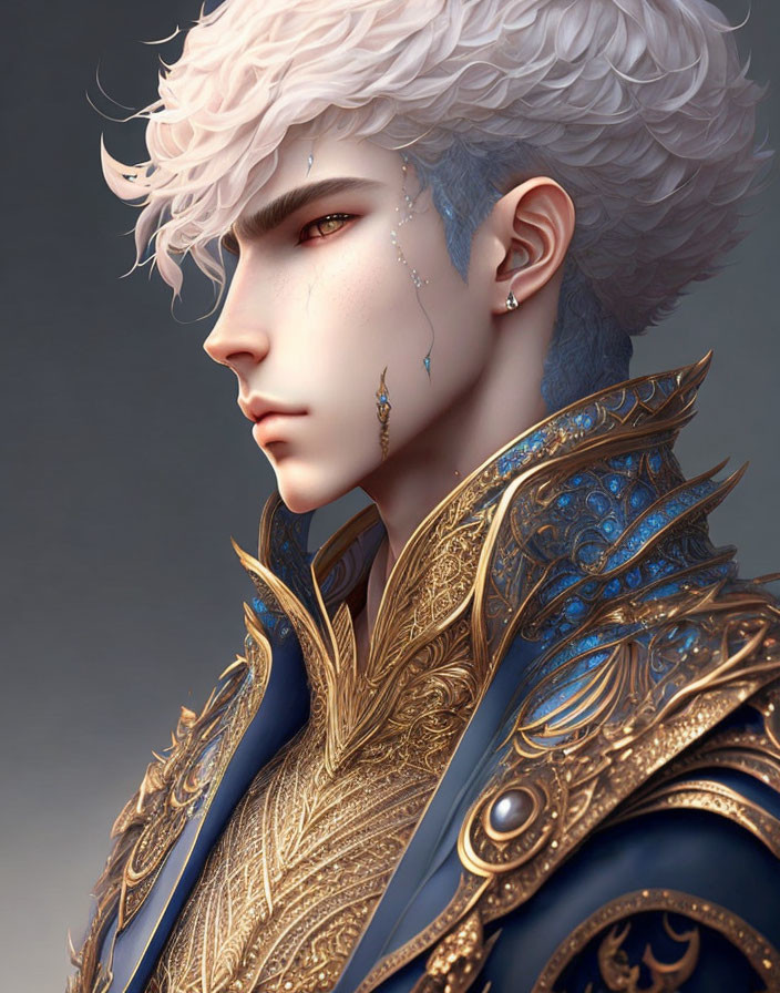 Fantasy male character with white hair and ornate blue & gold armor