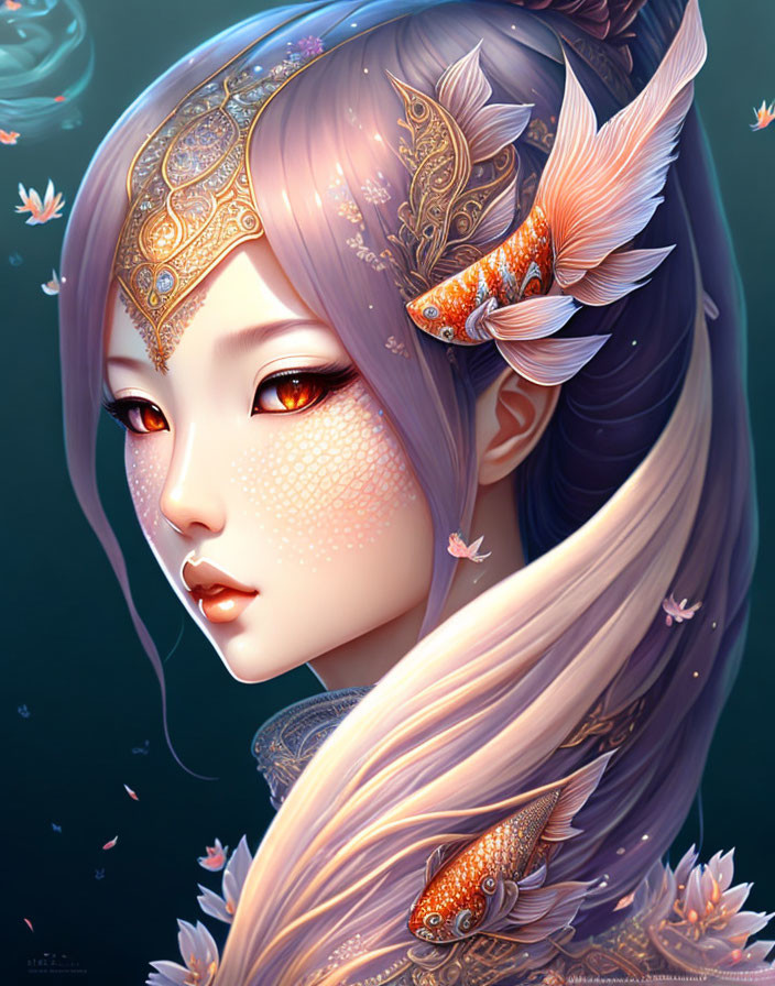 Illustrated female character with lavender hair, golden headpiece, koi fish, and butterfly adornments