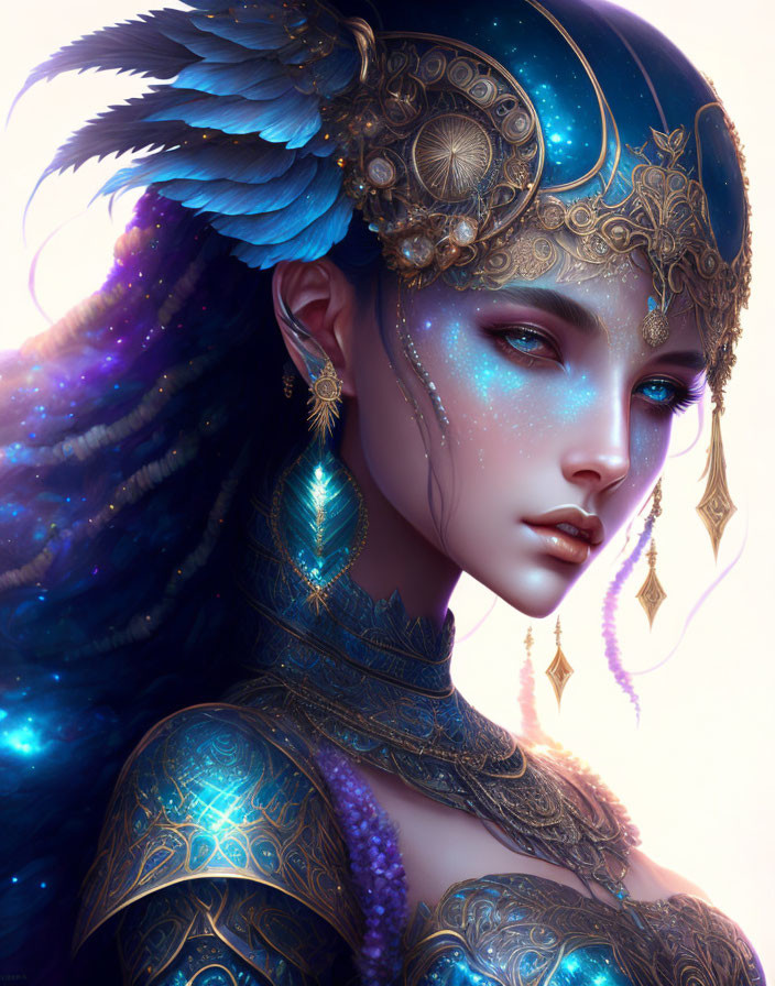 Vibrant blue-eyed female character in ornate gold armor with celestial designs