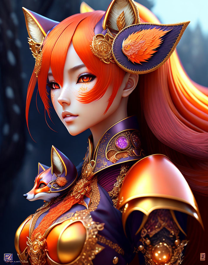 Digital artwork featuring character with fox features and vibrant orange hair in traditional armor, accompanied by small fox