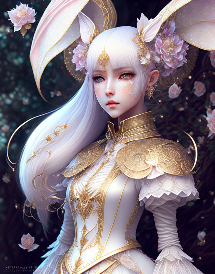 Fantasy character with elfin ears in golden armor amidst floral designs