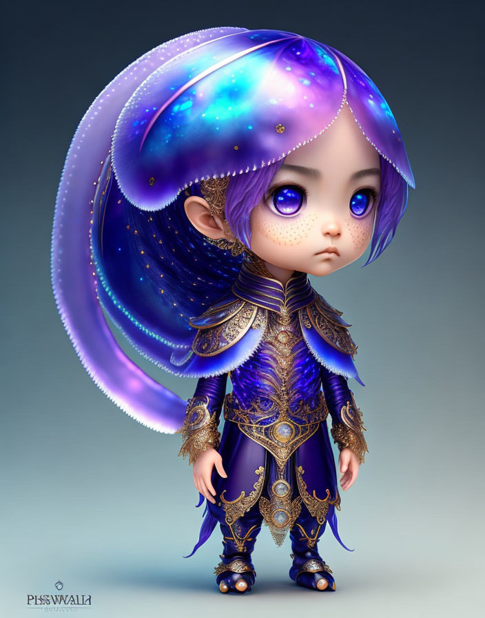 Illustrated character with large expressive eyes in cosmic-themed cloak and ornate outfit with gold details.