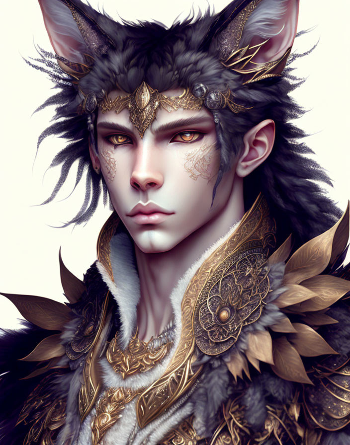 Fantasy character with wolf features in golden ornate armor and mystical aura