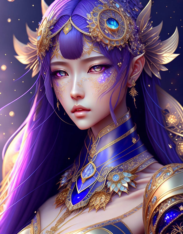 Digital art portrait of woman with purple hair, violet eyes, and golden headgear and jewelry in fantasy