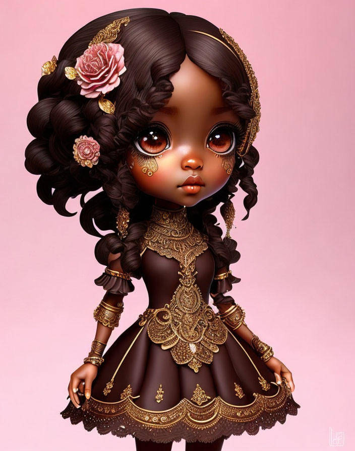 Stylized doll digital illustration with intricate braided hair and floral accessories