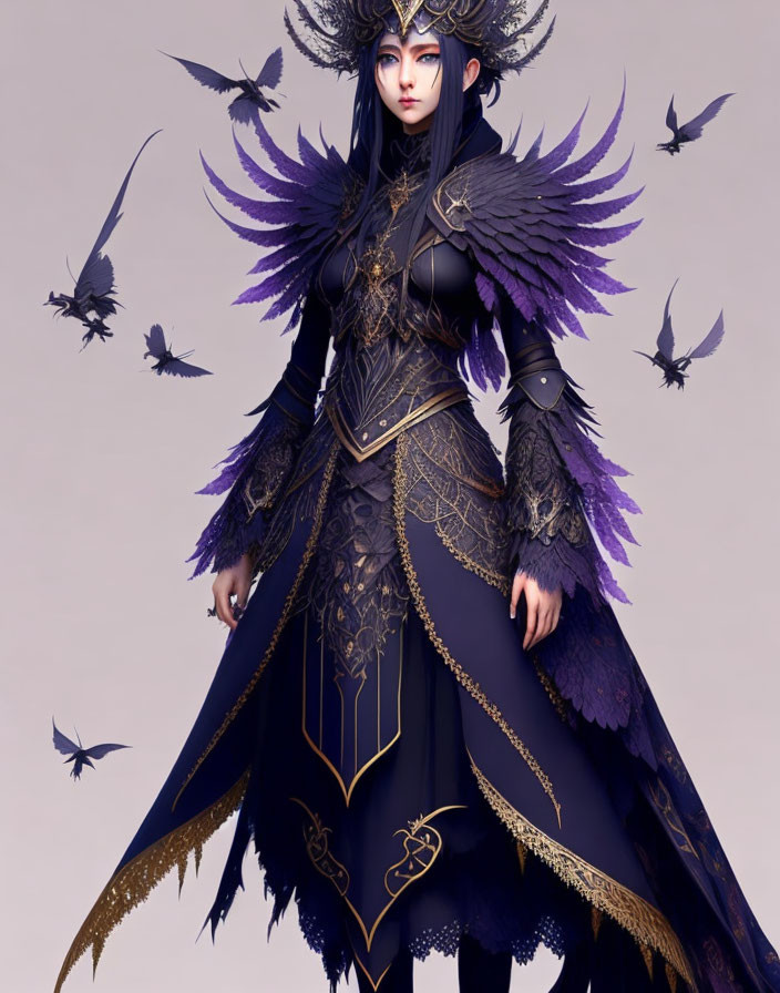 Fantasy character in black and purple armor with feathered shoulder pieces, surrounded by flying creatures on soft