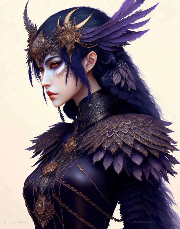 Blue-skinned woman in golden headpiece and feathered armor on soft backdrop