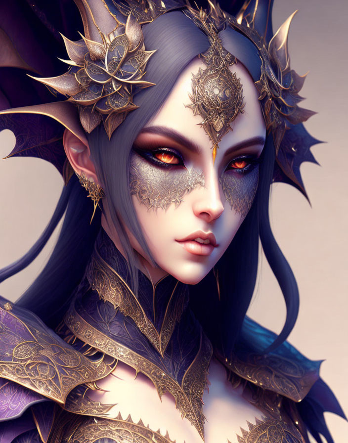 Fantasy female character with golden headgear and red eyes