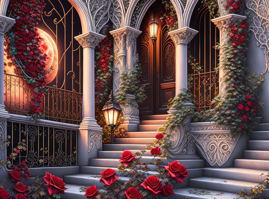 Gothic-style entrance with grand staircase and red roses under red moon