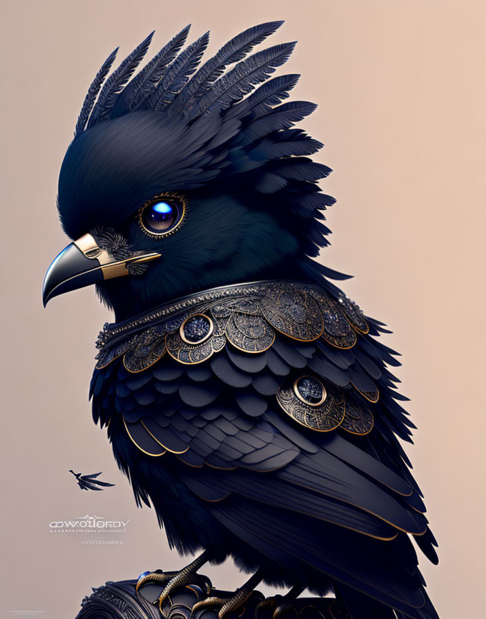 Majestic bird illustration with metallic feathers and ornate collar on neutral background
