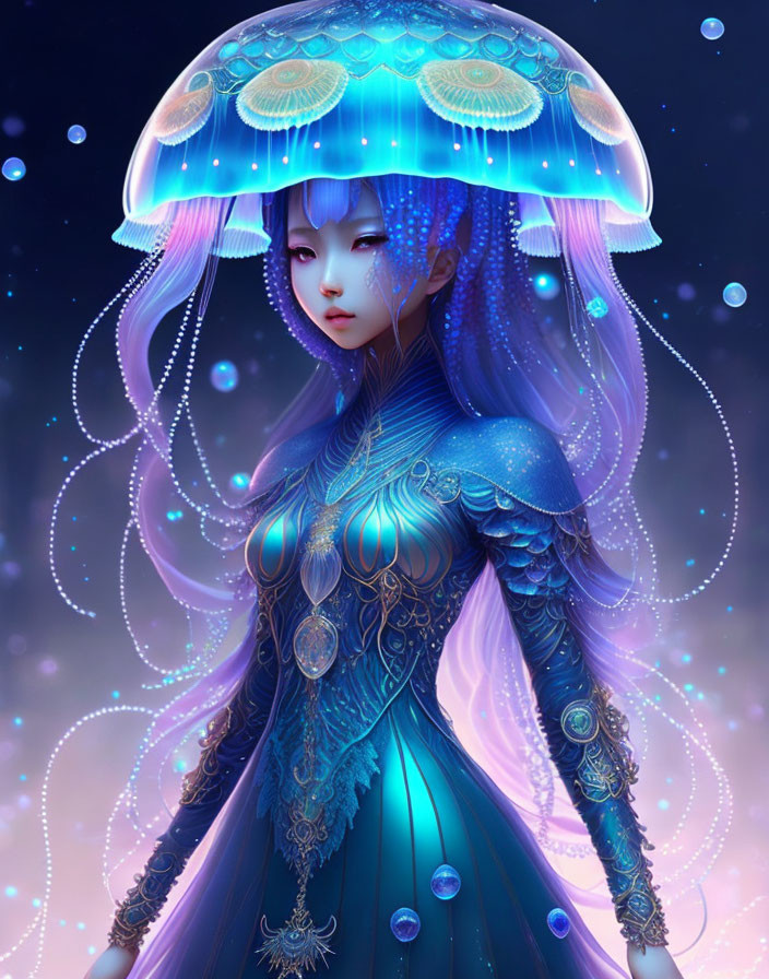 Vibrant digital artwork: woman with jellyfish-like features in starry setting