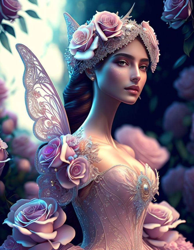 Fantasy fairy digital artwork with floral tiara and delicate wings