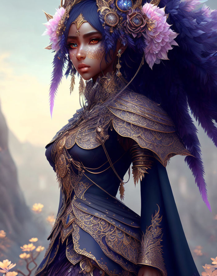Fantasy portrait of a woman with blue feathered wings and ornate armor.