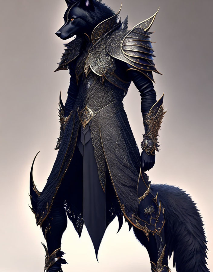 Detailed Black and Gold Armored Wolf Illustration