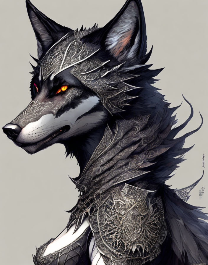 Anthropomorphic wolf illustration in ornate metal armor with glowing red eyes
