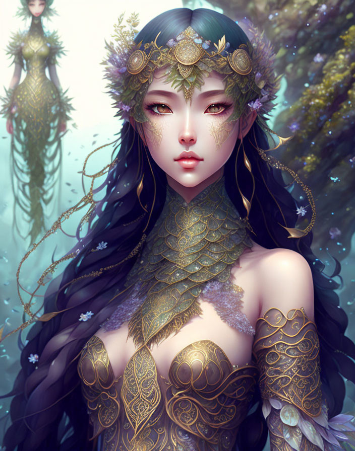 Fantasy illustration of woman with gold leaf patterns, floral crown, black hair, and mystical background