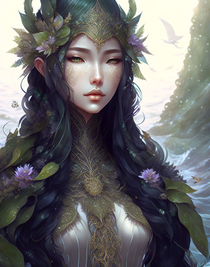 Fantasy female with leafy crown and golden tattoos in mystical setting