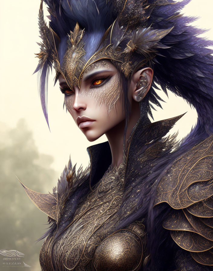Fantasy Female Character with Purple Hair and Golden Armor