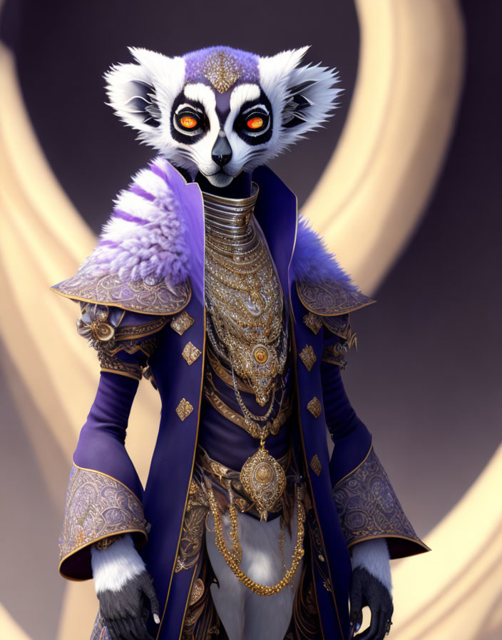 Stylized anthropomorphic lemur in ornate purple and gold coat with jewelry in 3D
