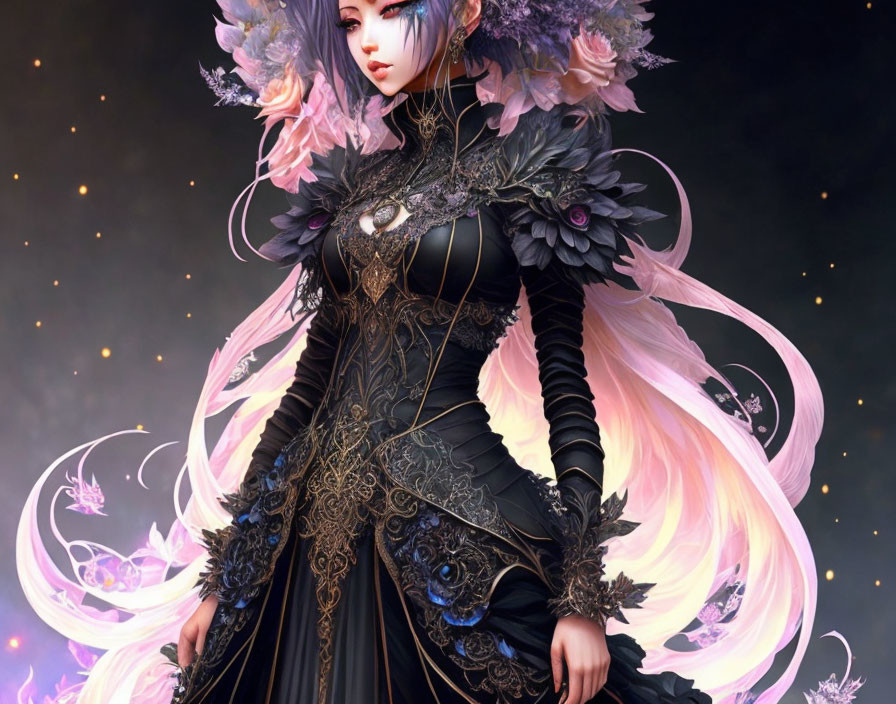 Fantasy character with long pink hair and ornate black and gold dress surrounded by butterflies.