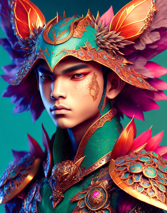 Elaborate Golden and Green Armor Portrait on Turquoise Background