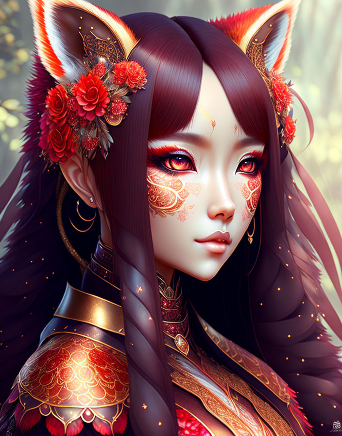 Digital artwork of female figure with fox-like ears and intricate golden facial markings, adorned with red flowers and