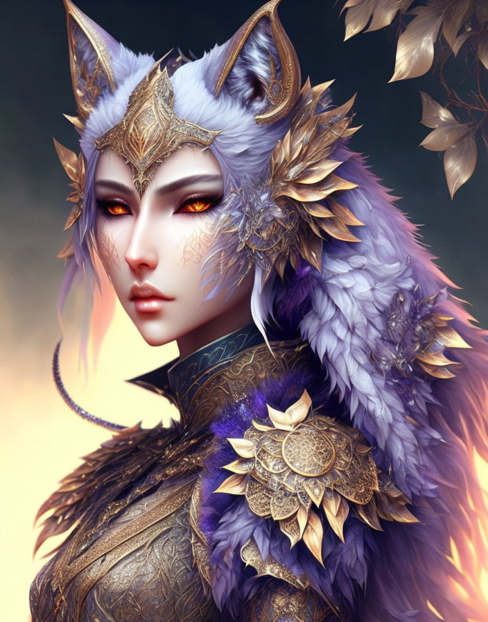 Mystical female figure with fox-like features and golden-hued eyes in ornate golden headgear