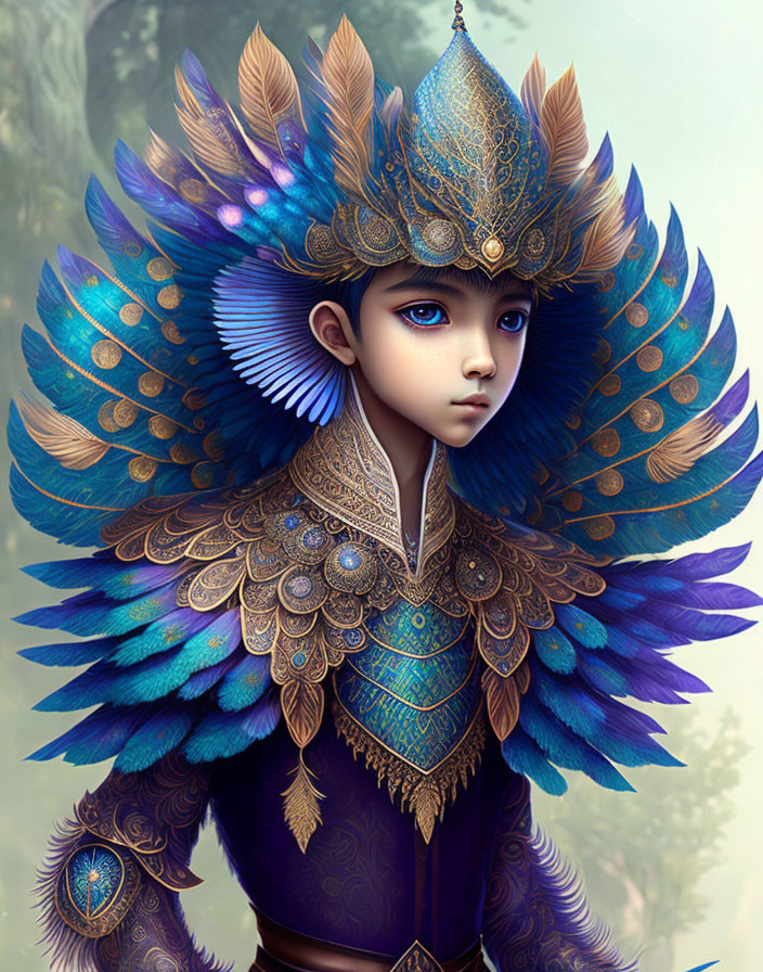 Character with Peacock Feather Armor and Headdress in Gold and Blue Patterns