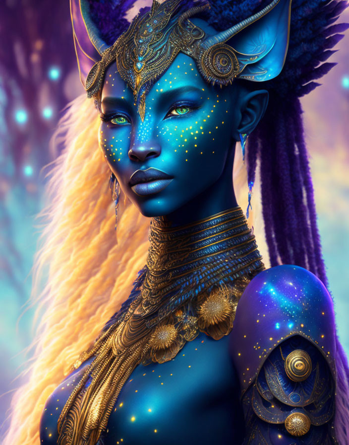 Blue-skinned mystical female figure with ornate gold headdress and armor.