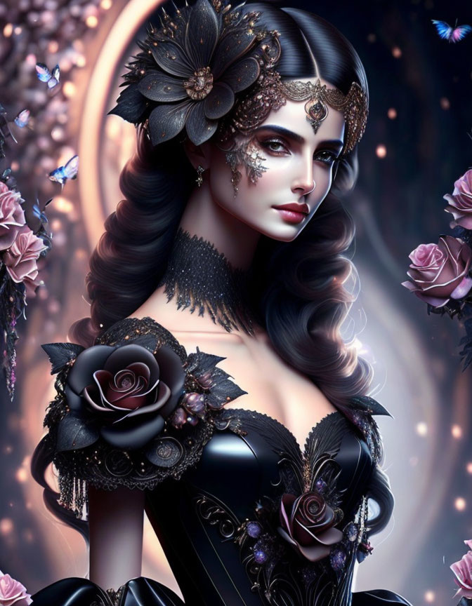 Illustrated portrait of woman with dark hair, floral headpiece, jewelry, black dress, roses,