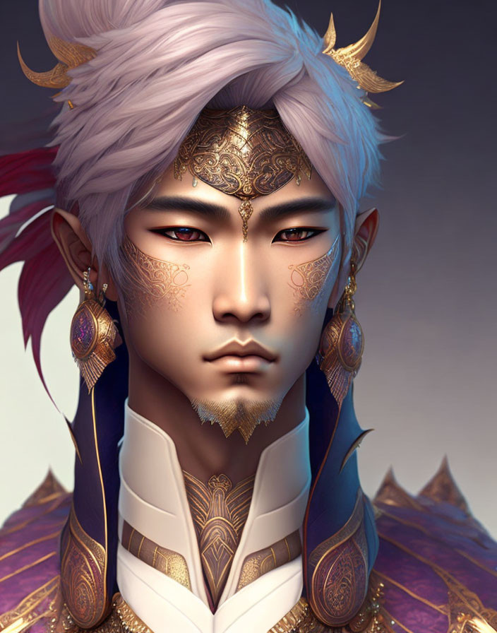 Stylized male character portrait with purple hair and regal attire