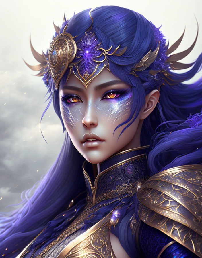 Fantasy digital artwork of female character with purple hair and golden armor
