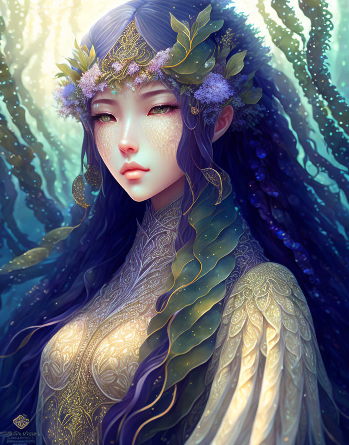 Illustrated ethereal female figure with floral crown on shimmering background