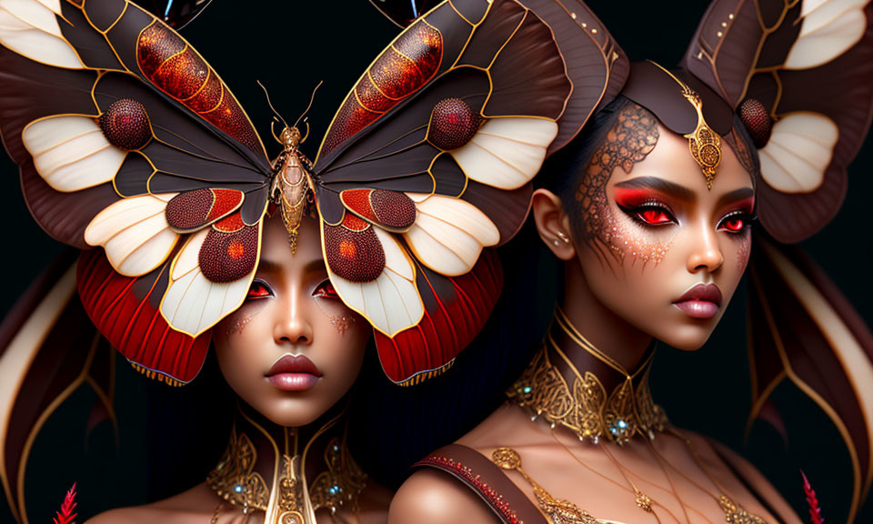 Woman with Butterfly-Inspired Makeup and Headdress in Red and Gold Tones