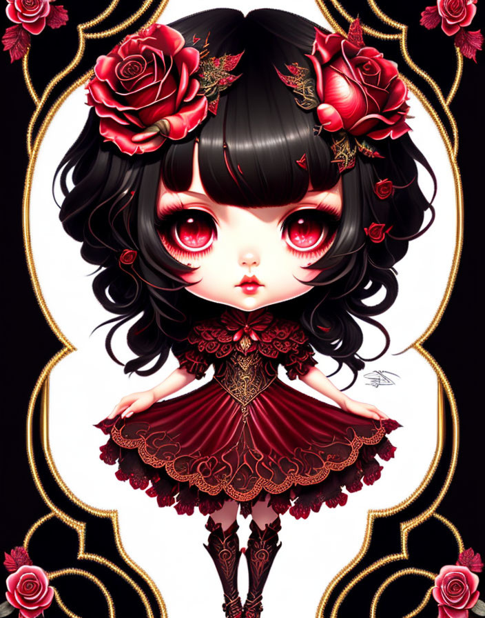Illustrated character with large eyes and dark hair in red and black dress with gold accents on black background