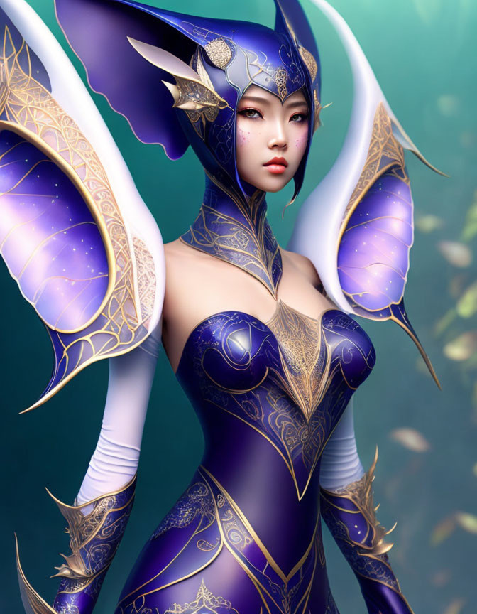 Fantasy Female Character in Blue and Gold Armor with Pointed Ears