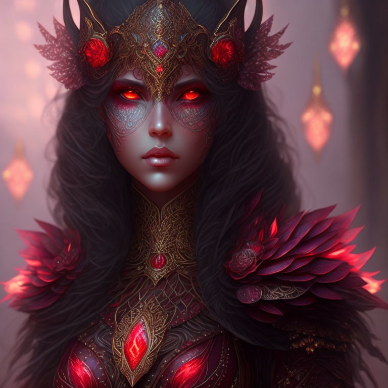 Fantasy art of female figure with red eyes and ornate headpiece in detailed body armor.