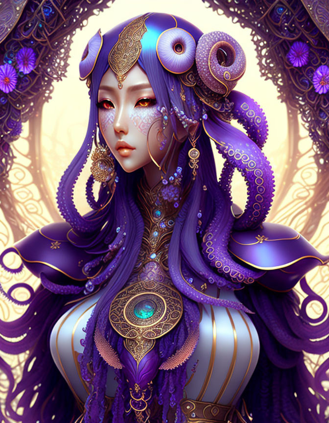 Elaborate Purple Attire and Headdress with Gold Detailing