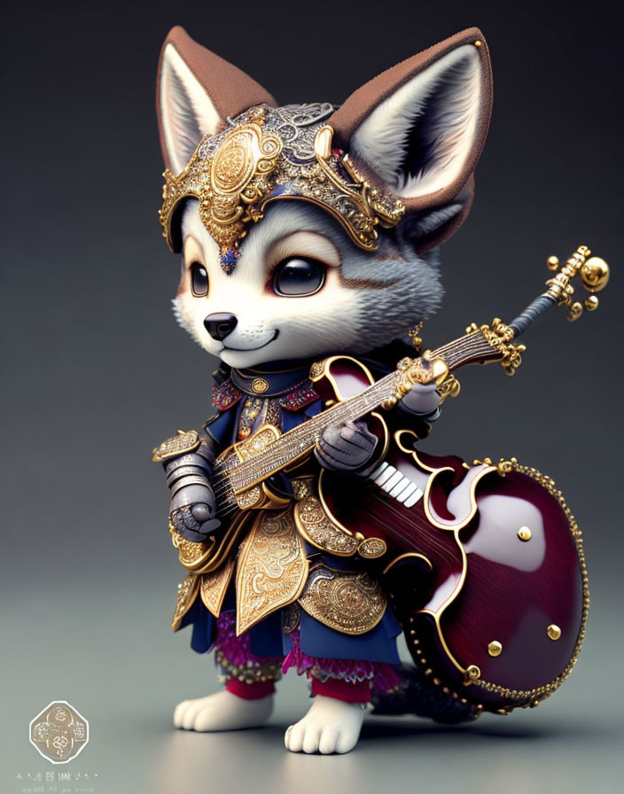 Anthropomorphic Fox Character in Golden Armor with Violin