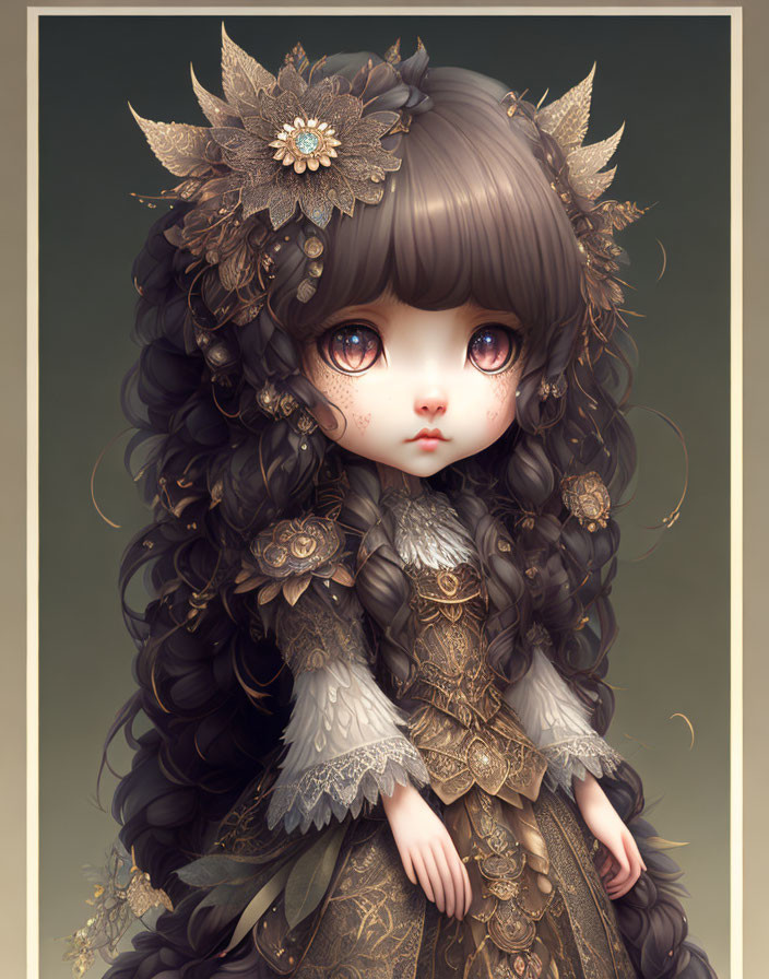 Illustration of doll-like character with wavy brown hair, large eyes, and ornate Victorian attire